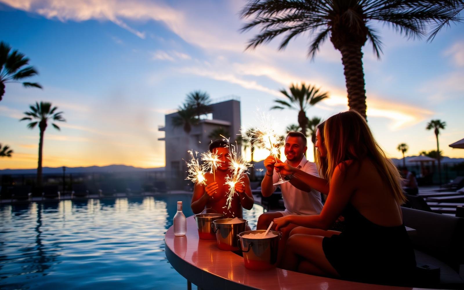 Sparkler bottle service at sunset