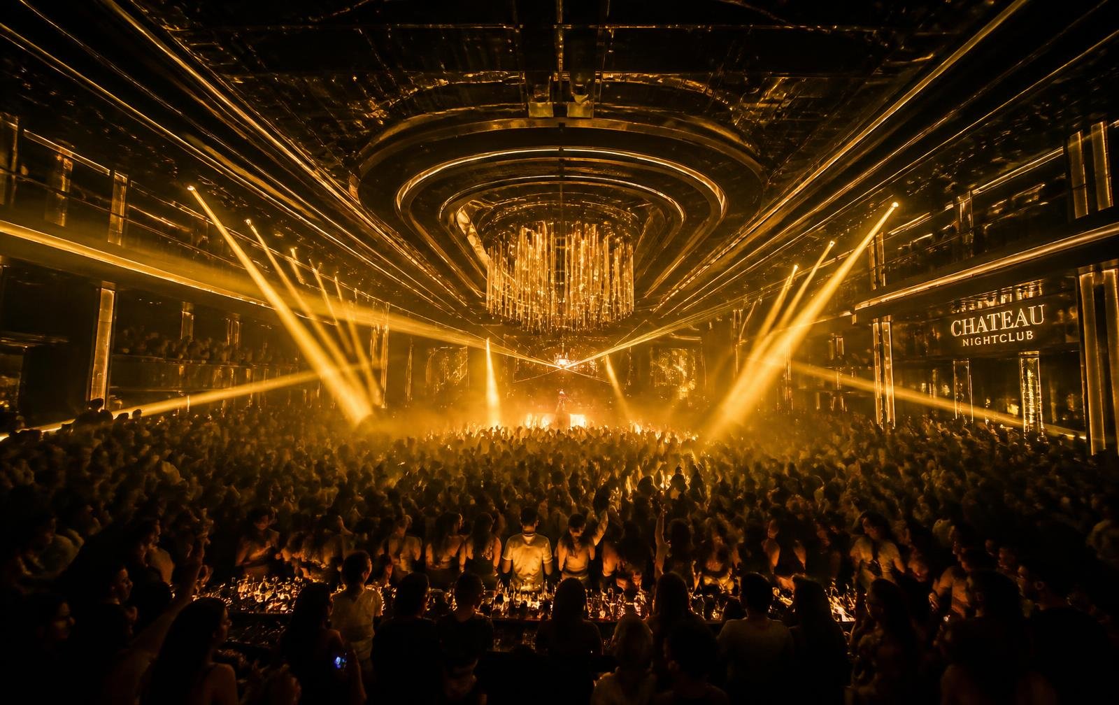 Golden lasers over a packed nightclub