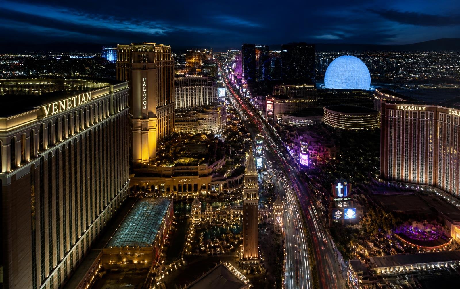 Vegas Strip aerial at midnight